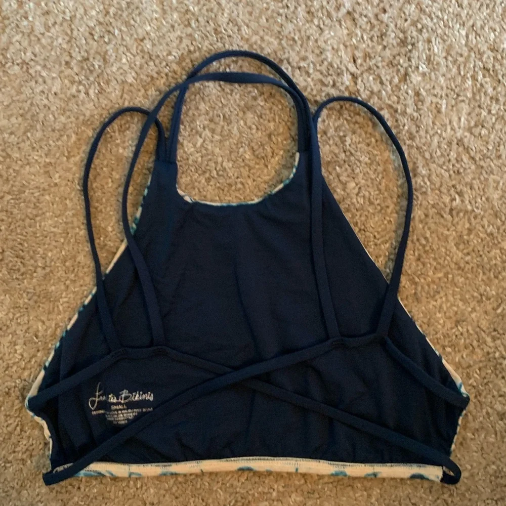 Frankies Bikinis Medley Shibori Tie Dye High Neck Navy/White Strappy Top Size S - Picture 6 of 8